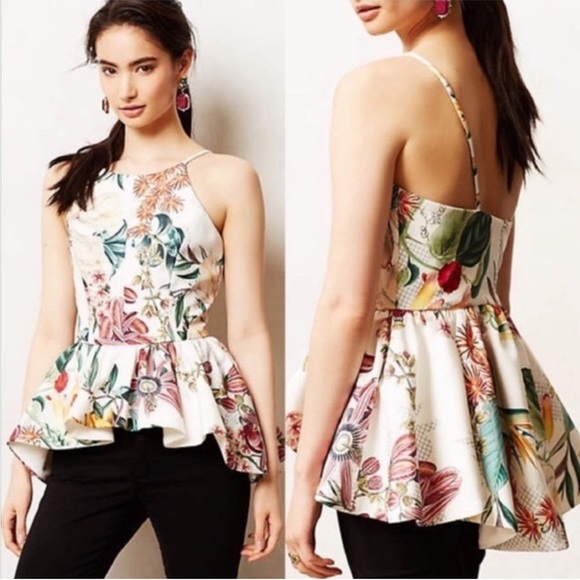 Anthropologie Cameo Dahlia Peplum Top Floral Tropical Spaghetti Strap Blouse M - Picture 1 of 12